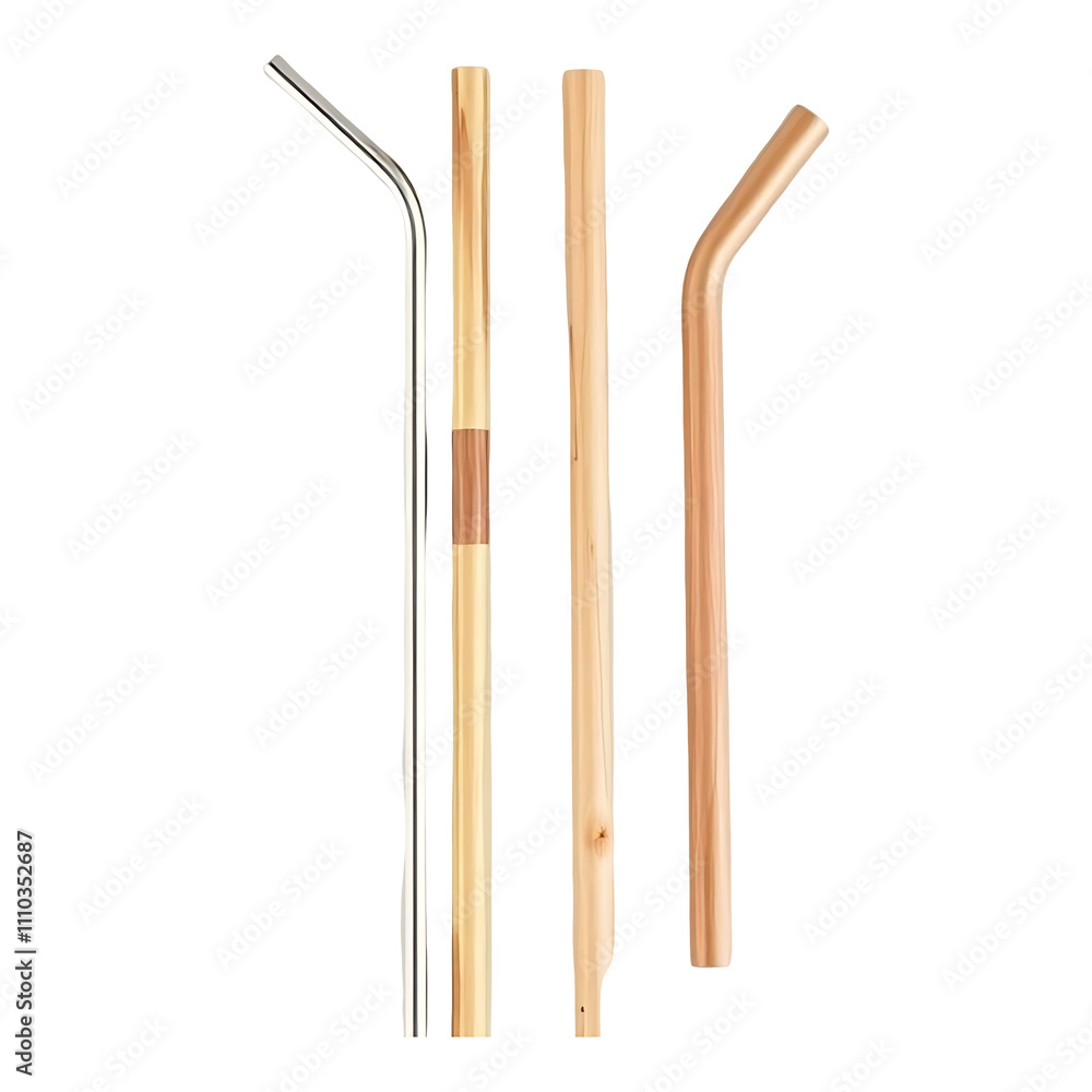A set of reusable straws made from metal or bamboo isolated on a solid colour background. A set of reusable straws made from metal or bamboo isolated on a solid colour background.