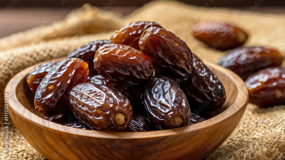 Closeup delicious Kurma Tunisia or sweet dried date palm fruits on wooden bowl. Much sought after during Ramadan to break the fast. Closeup delicious Kurma Tunisia or sweet dried date palm fruits on wooden bowl. Much sought after during Ramadan to break the fast.