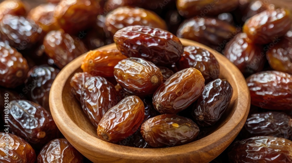 Closeup delicious Kurma Tunisia or sweet dried date palm fruits on wooden bowl. Much sought after during Ramadan to break the fast. Closeup delicious Kurma Tunisia or sweet dried date palm fruits on wooden bowl. Much sought after during Ramadan to break the fast.