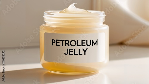 Glass jar of petroleum jelly in soft lighting. photo