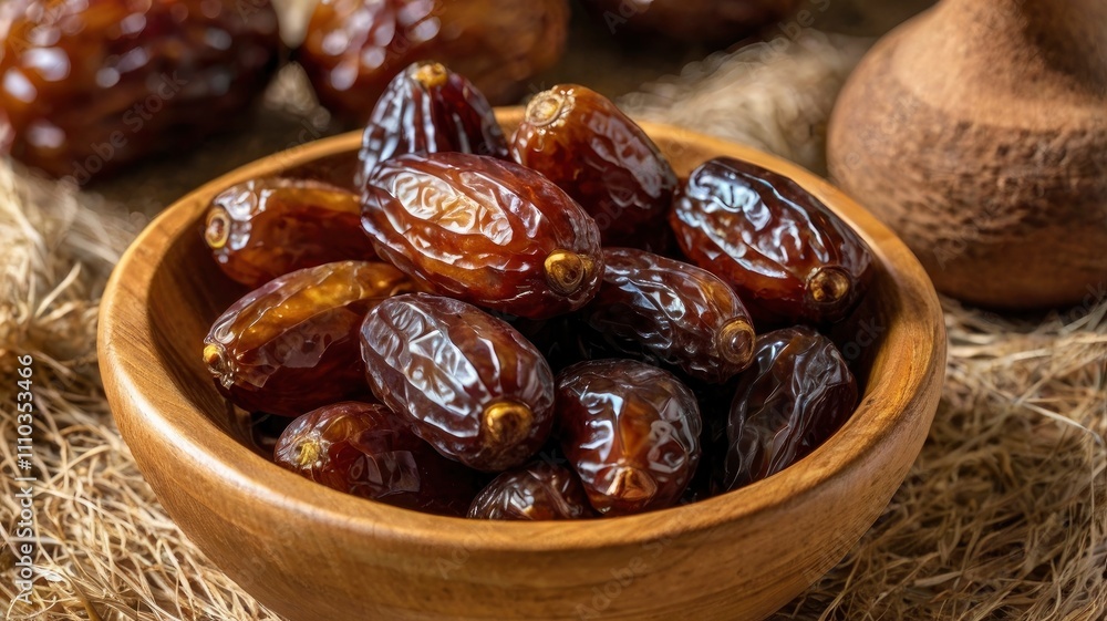Closeup delicious Kurma Tunisia or sweet dried date palm fruits on wooden bowl. Much sought after during Ramadan to break the fast. Closeup delicious Kurma Tunisia or sweet dried date palm fruits on wooden bowl. Much sought after during Ramadan to break the fast.