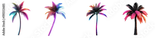 Futuristic palm trees with neon accents in vibrant colors, showcasing unique design. These artistic representations evoke sense of creativity and modernity