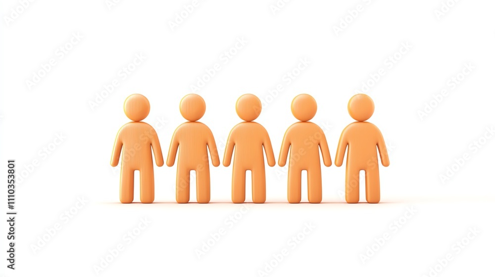Five orange figurines standing in a row on a white background. Five orange figurines standing in a row on a white background.
