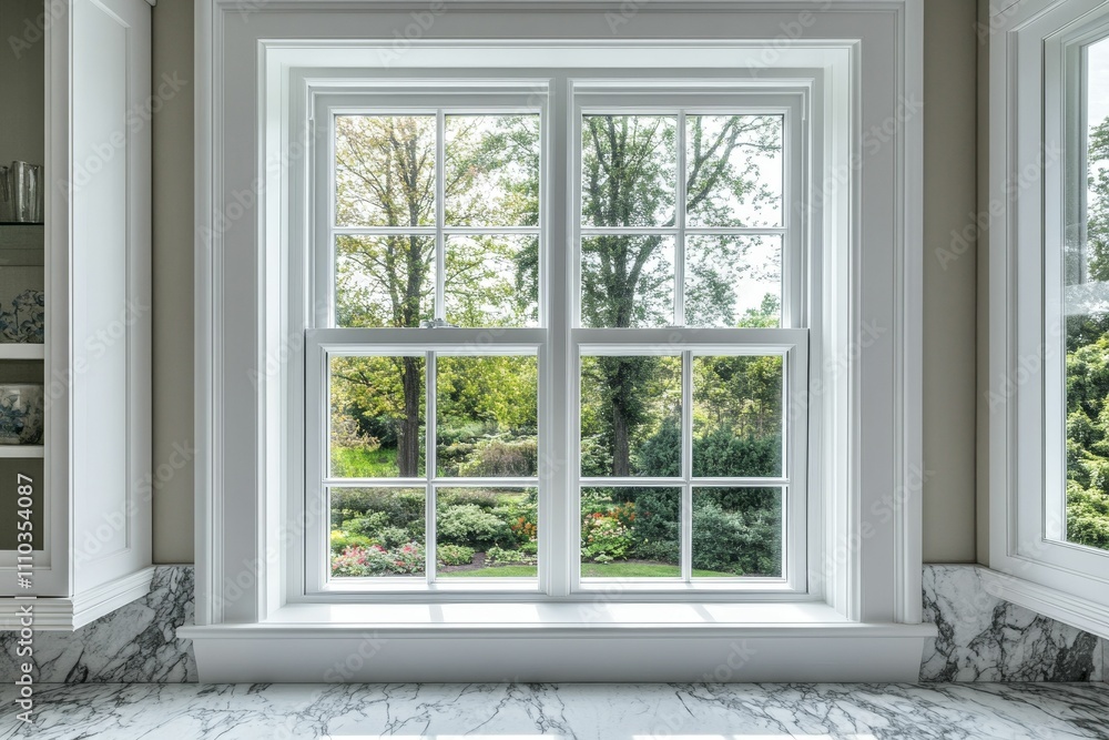 White window, garden view, marble countertop. White window, garden view, marble countertop.