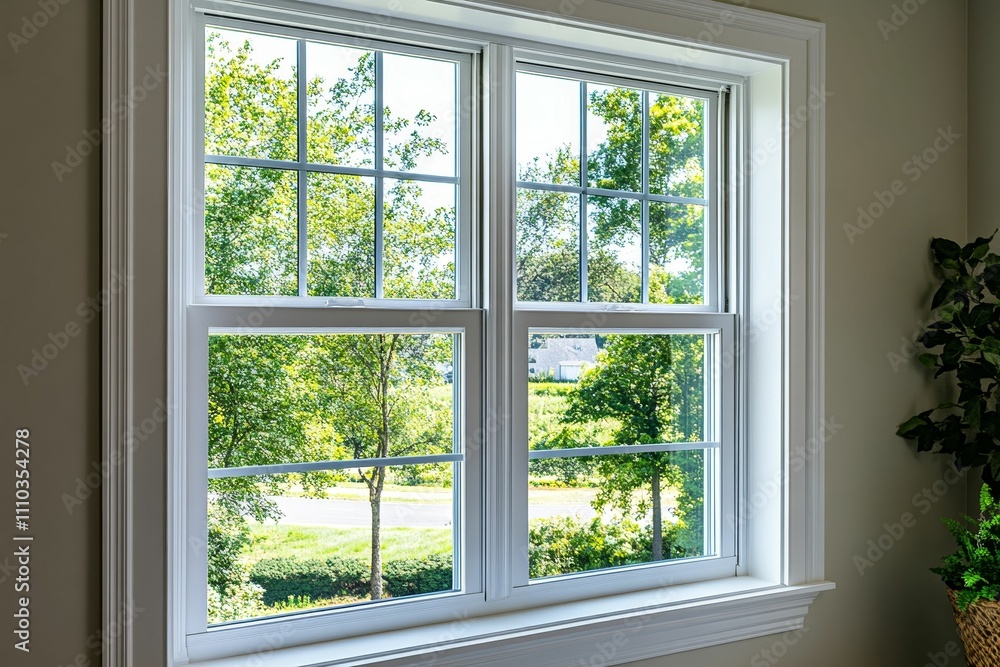 White-framed window, lush green trees, sunny view. White-framed window, lush green trees, sunny view.