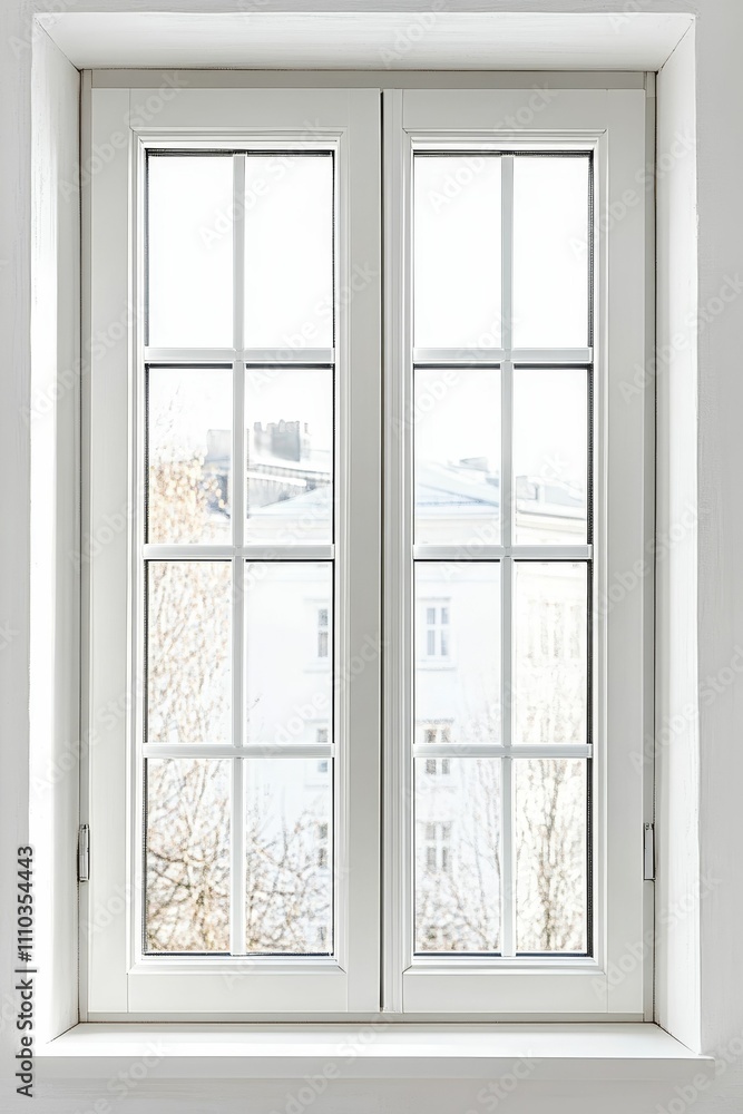 Obraz premium White window panes, city view, winter scene.