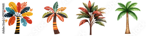 Colorful palm trees with playful cartoonish leaves create whimsical atmosphere, perfect for tropical themes and designs photo