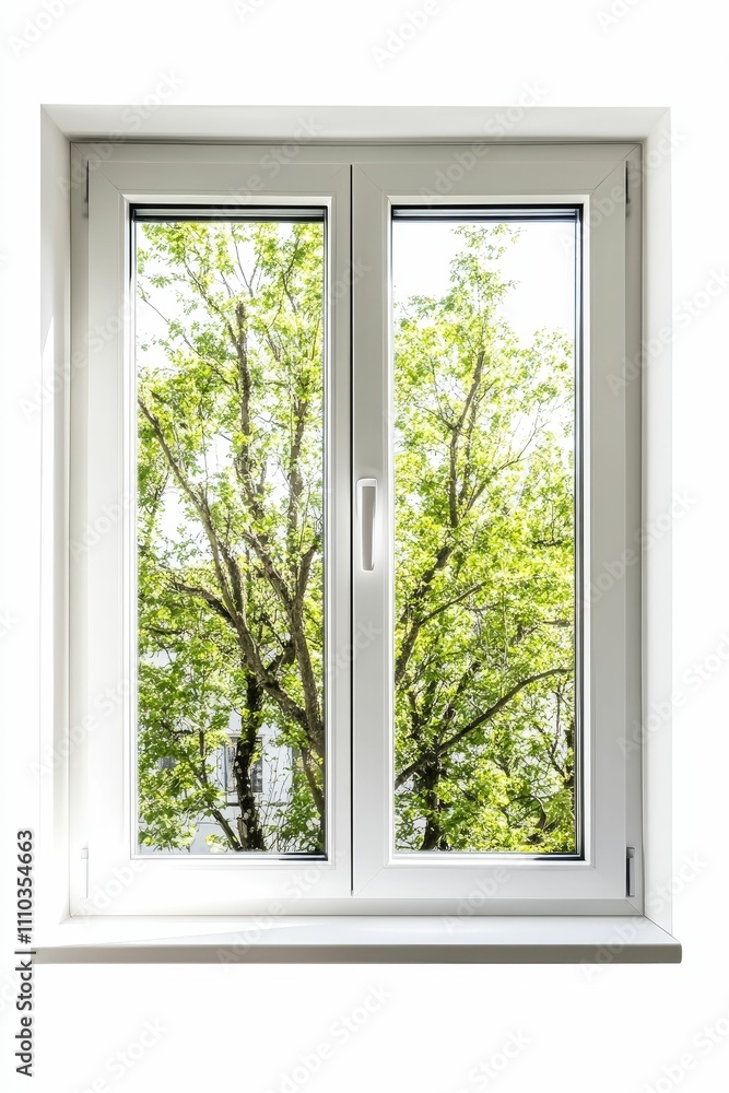 White window frame, leafy trees outdoors. White window frame, leafy trees outdoors.