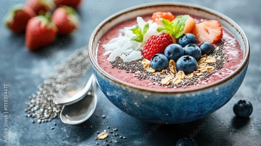 A colorful smoothie bowl topped with fresh berries, coconut flakes, and chia seeds on a rustic table. A colorful smoothie bowl topped with fresh berries, coconut flakes, and chia seeds on a rustic table.