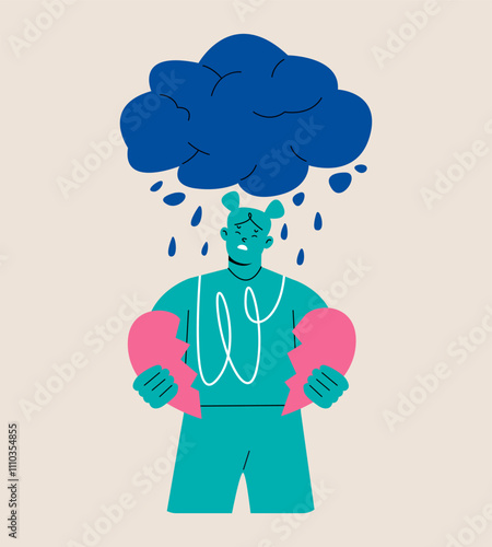 Woman standing under a rain with a broken heart. Colorful vector illustration