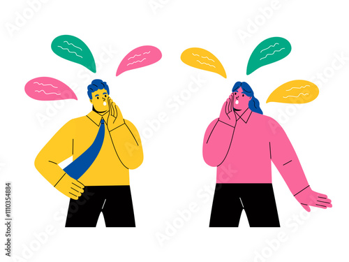 Business man and Business woman talking rumors or whispering. Flat vector illustration isolated on white background