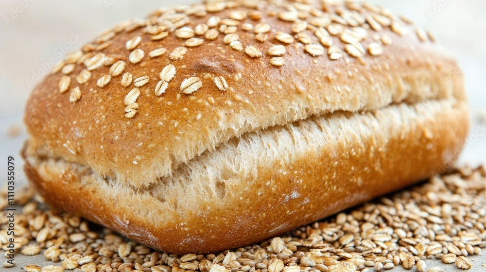 Freshly baked whole grain bread loaf surrounded by scattered grains and seeds. Freshly baked whole grain bread loaf surrounded by scattered grains and seeds.