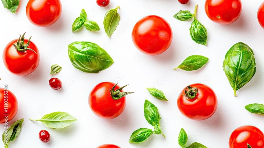 Neatly arranged rows of fresh cherry tomatoes and basil leaves on a white table. Bright, simple, and clean.