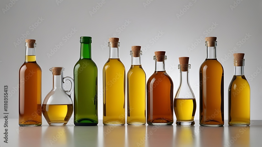 A row of glass bottles, each filled with a different liquid and topped with cork stoppers.
A row of glass bottles, each filled with a different liquid and topped with cork stoppers.