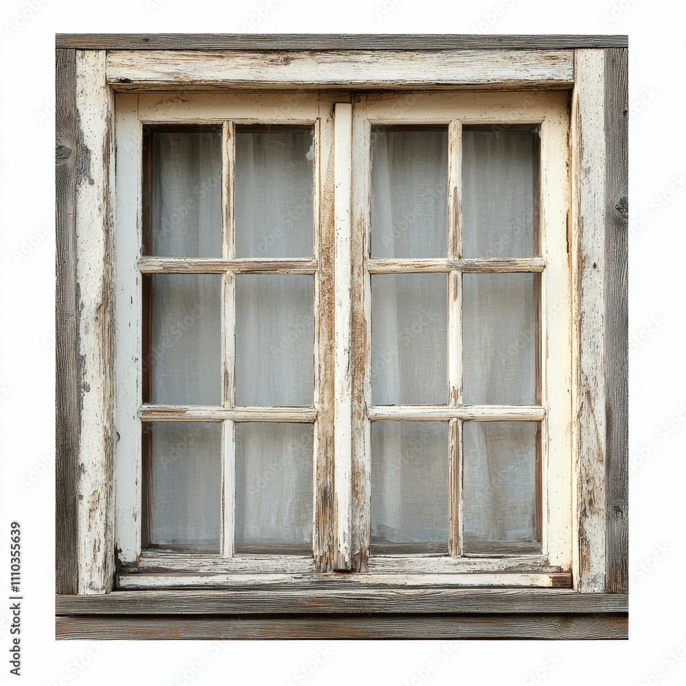 Weathered wooden window, double-paned, sheer curtain. Weathered wooden window, double-paned, sheer curtain.