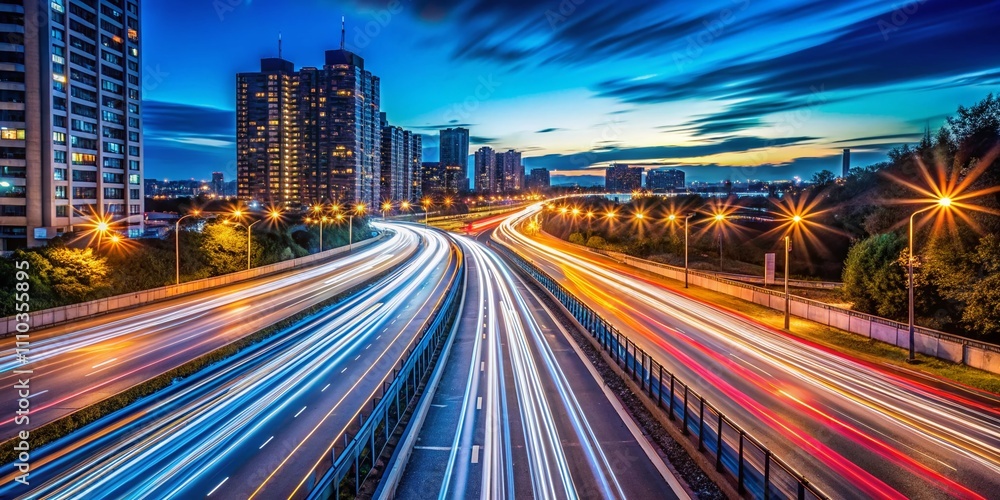 Fototapeta premium Minimalist Night Hyperlapse of a Highway Capturing the Dynamic Flow of Traffic in a Vibrant Urban Setting with Light Trails and a Deep Blue Sky