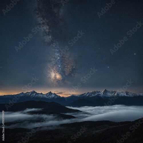 A distant mountain range veiled in soft, rolling clouds under a starry sky. photo