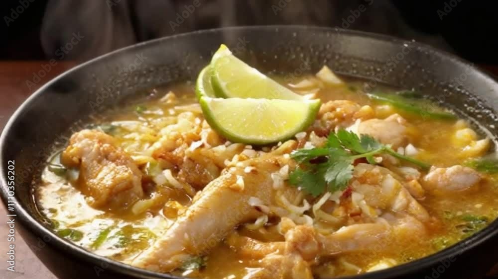 4K Cinematic Video of Steaming Chicken Soto with Lime and Crispy Shallots, Perfect for Promoting Traditional Indonesian Cuisine 4K Cinematic Video of Steaming Chicken Soto with Lime and Crispy Shallots, Perfect for Promoting Traditional Indonesian Cuisine