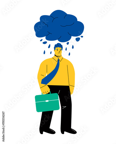 Business man with sad face expression and raining cloud above his head. Concept of trouble. Flat vector illustration isolated on white background