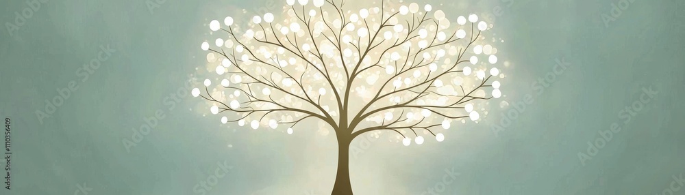 A serene illustration of a glowing tree with luminous leaves against a soft blue background, symbolizing life and growth, with blank space for text A serene illustration of a glowing tree with luminous leaves against a soft blue background, symbolizing life and growth, with blank space for text