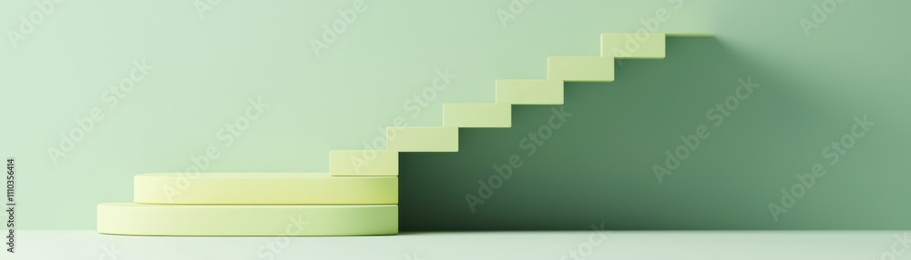 A minimalist depiction of yellow stairs ascending against a soft green backdrop, symbolizing progress and growth, with blank space for text A minimalist depiction of yellow stairs ascending against a soft green backdrop, symbolizing progress and growth, with blank space for text