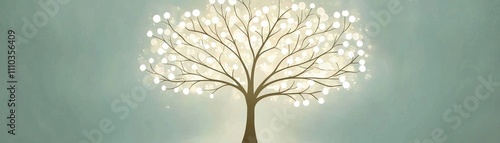 A serene illustration of a glowing tree with luminous leaves against a soft blue background, symbolizing life and growth, with blank space for text