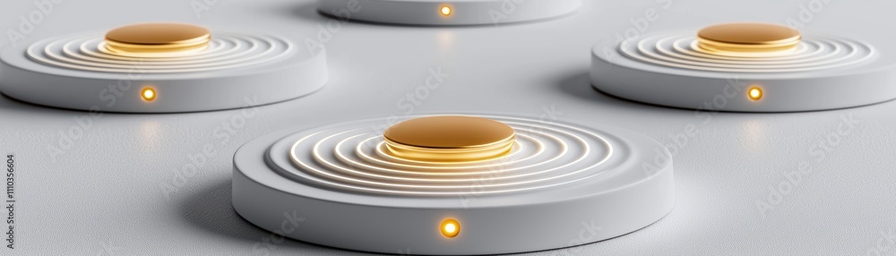 Four sleek, circular devices with golden centers and glowing lights, arranged on a smooth surface, suggesting modern technology or innovative design, with blank space for text Four sleek, circular devices with golden centers and glowing lights, arranged on a smooth surface, suggesting modern technology or innovative design, with blank space for text