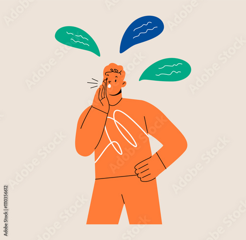 Man talking rumors or whispering. Colorful vector illustration