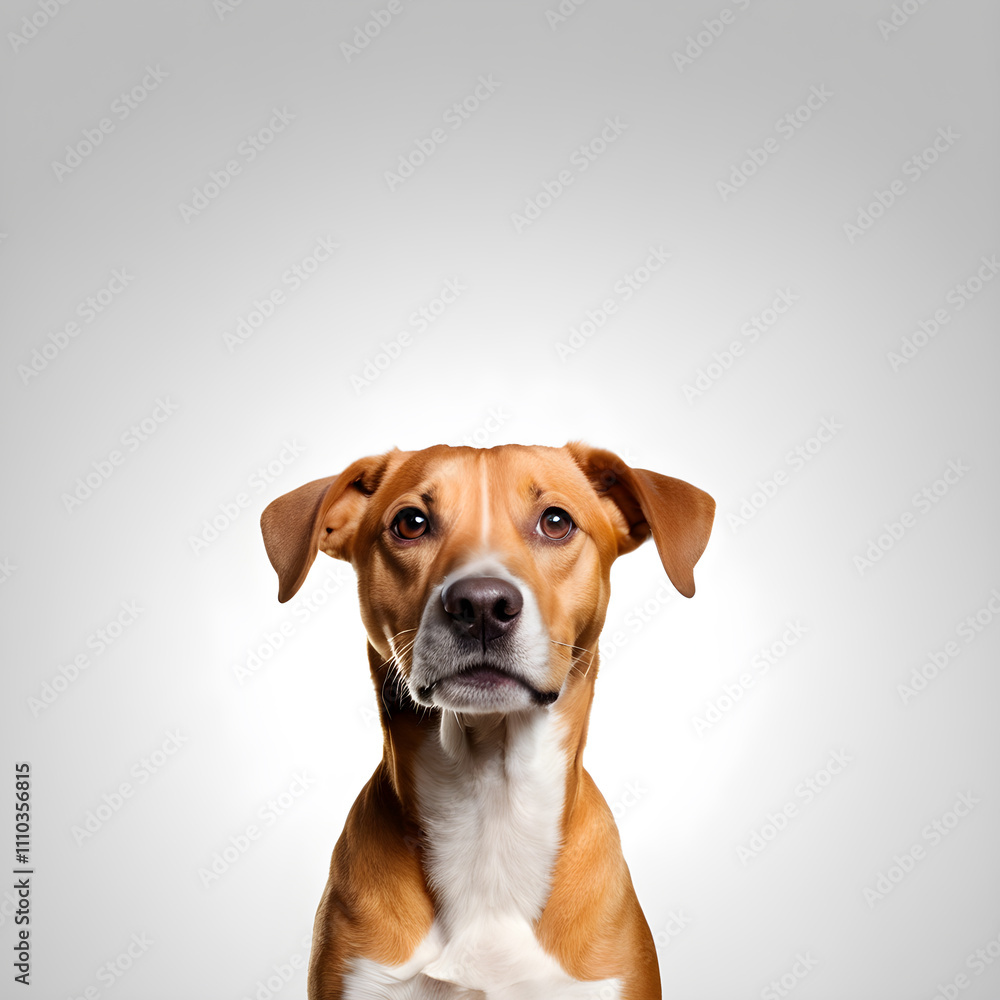 Funny dog looking at camera, isolated on grey background with copy space Funny dog looking at camera, isolated on grey background with copy space