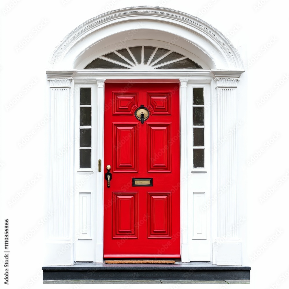 Fototapeta premium Red door, white frame, arched entryway.