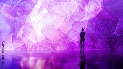 A person standing in front of a dynamic, abstract purple background with geometric shapes, offering an energetic and modern feel.