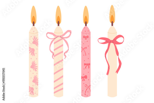 Birthday cake candles set. Pink and beige coquette accessories for holiday. Vector flat illustration collection isolated on white background.