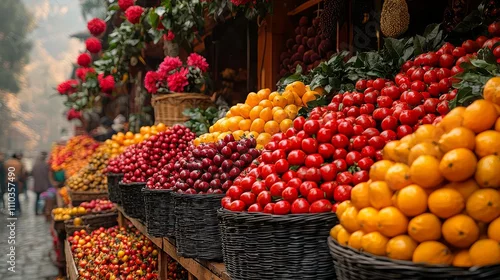 Fototapeta Vibrant fruits displayed at a colorful market stall