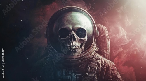 A background image showing an astronaut helmet and a skull suspended in the vastness of space.