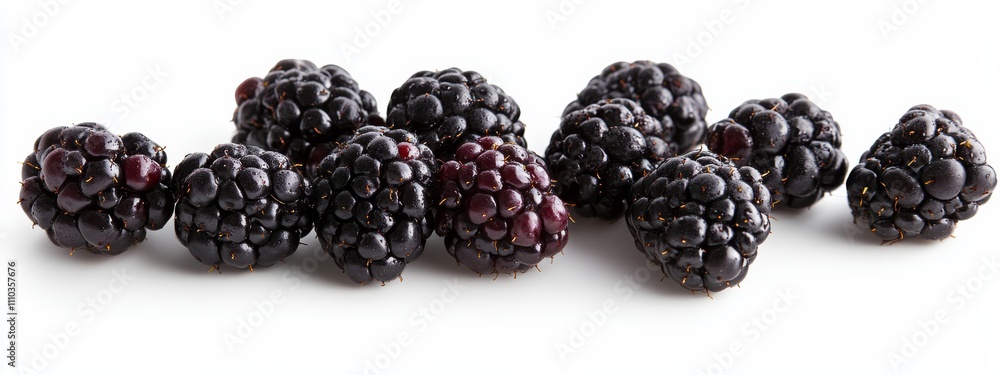 A cluster of fresh blackberries with dew drops, isolated white background, abstract art style A cluster of fresh blackberries with dew drops, isolated white background, abstract art style
