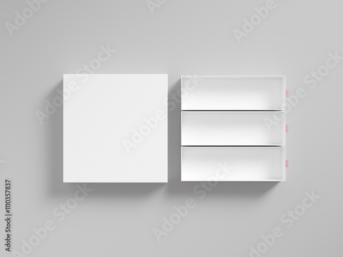 Fotografi 3 compartment drawer box flat lay on clean background, Slide-open white drawer b