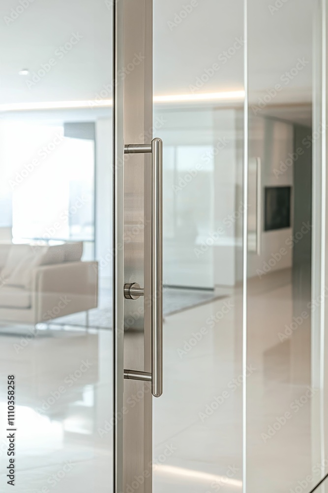 Modern door handle, glass door, blurred interior. Modern door handle, glass door, blurred interior.