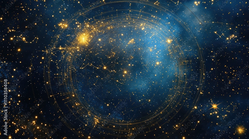 custom made wallpaper toronto digitalZodiac wheel of golden stars glowing in a vivid night sky full of constellations, evoking celestial wonder.