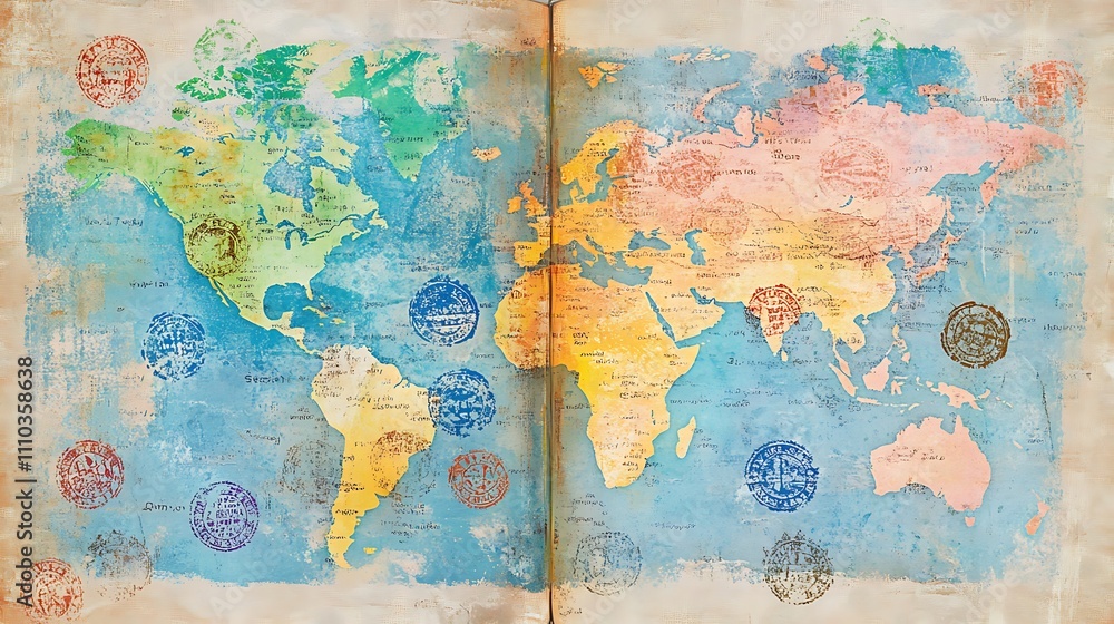 Fototapeta premium Watercolor world map on aged paper with colorful stamps.
