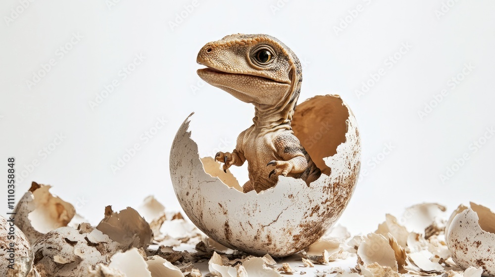 Obraz premium Newly hatched baby dinosaur emerging from its egg, surrounded by shell pieces, on a white backdrop