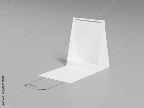 Open lid foldable triangle packaging mockup, luxury triangle paper box with ribbon handle, empty design flip-open prism shape with hand grip container, geometry gift box with product lock tray inside