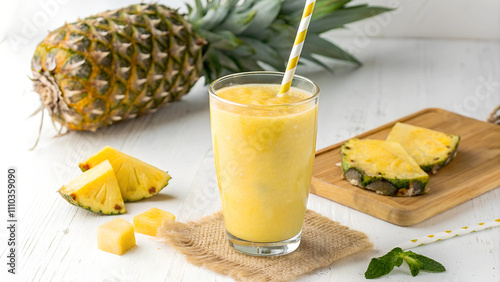 A refreshing bright yellow pineapple smoothie is poured into a clear glass with a striped straw. A whole pineapple with a few slices cut off is lying on a wooden board nearby. Concept of the trick