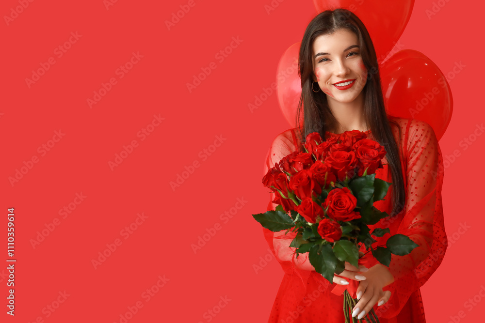 Beautiful young woman with kiss marks on her face holding bouquet of roses and heart shaped air balloons on red background Beautiful young woman with kiss marks on her face holding bouquet of roses and heart shaped air balloons on red background