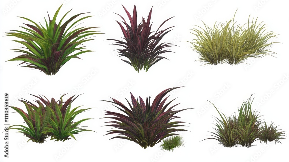 Six Diverse Grass Plant Varieties Isolated D Render Six Diverse Grass Plant Varieties Isolated D Render