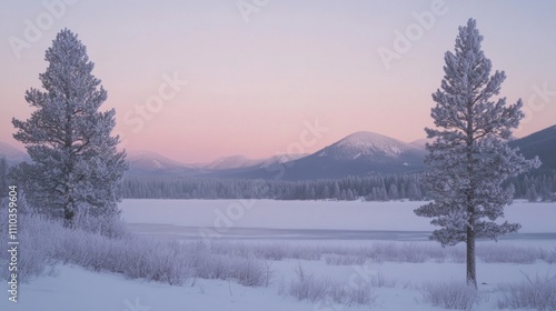 Winter landscape with snow-covered trees and mountains at dawn near a frozen lake