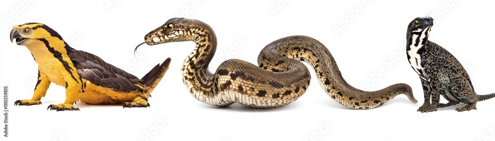 Exotic Animals Parrot Snake and Lizard on White Background Exotic Animals Parrot Snake and Lizard on White Background