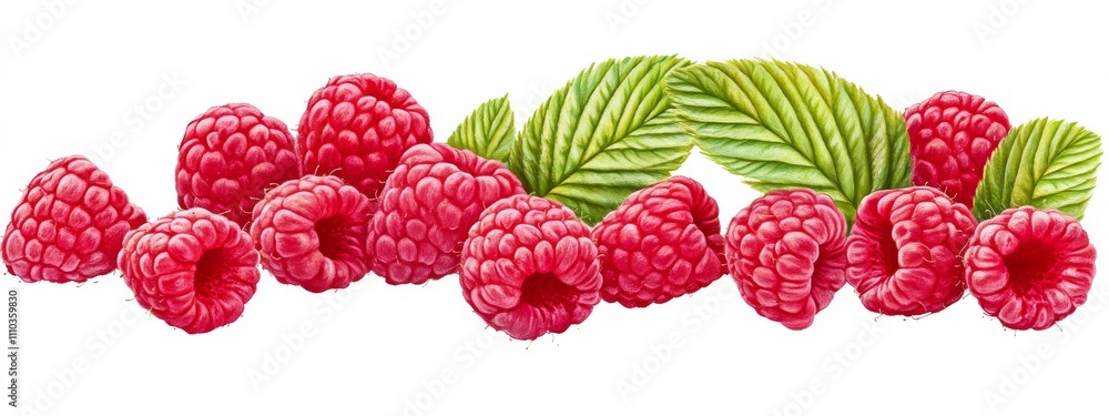A cluster of juicy raspberries with leaves, isolated white background, pointillism art style A cluster of juicy raspberries with leaves, isolated white background, pointillism art style