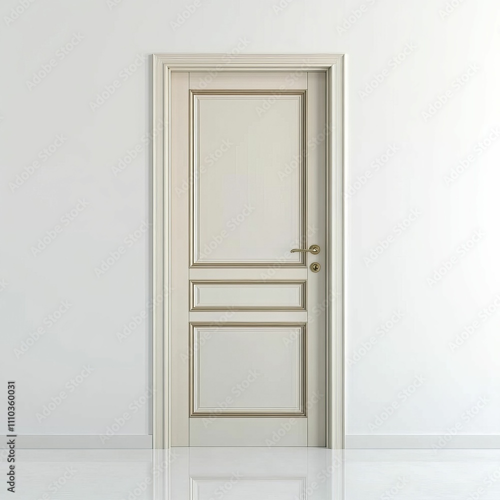 Off-white door, paneled, simple handle, white wall. Off-white door, paneled, simple handle, white wall.