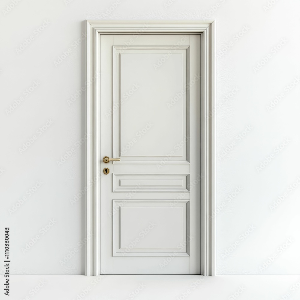 White door, paneled, gold hardware, white wall. White door, paneled, gold hardware, white wall.