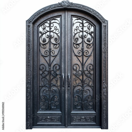 Ornate black double doors, arched top, detailed carvings.